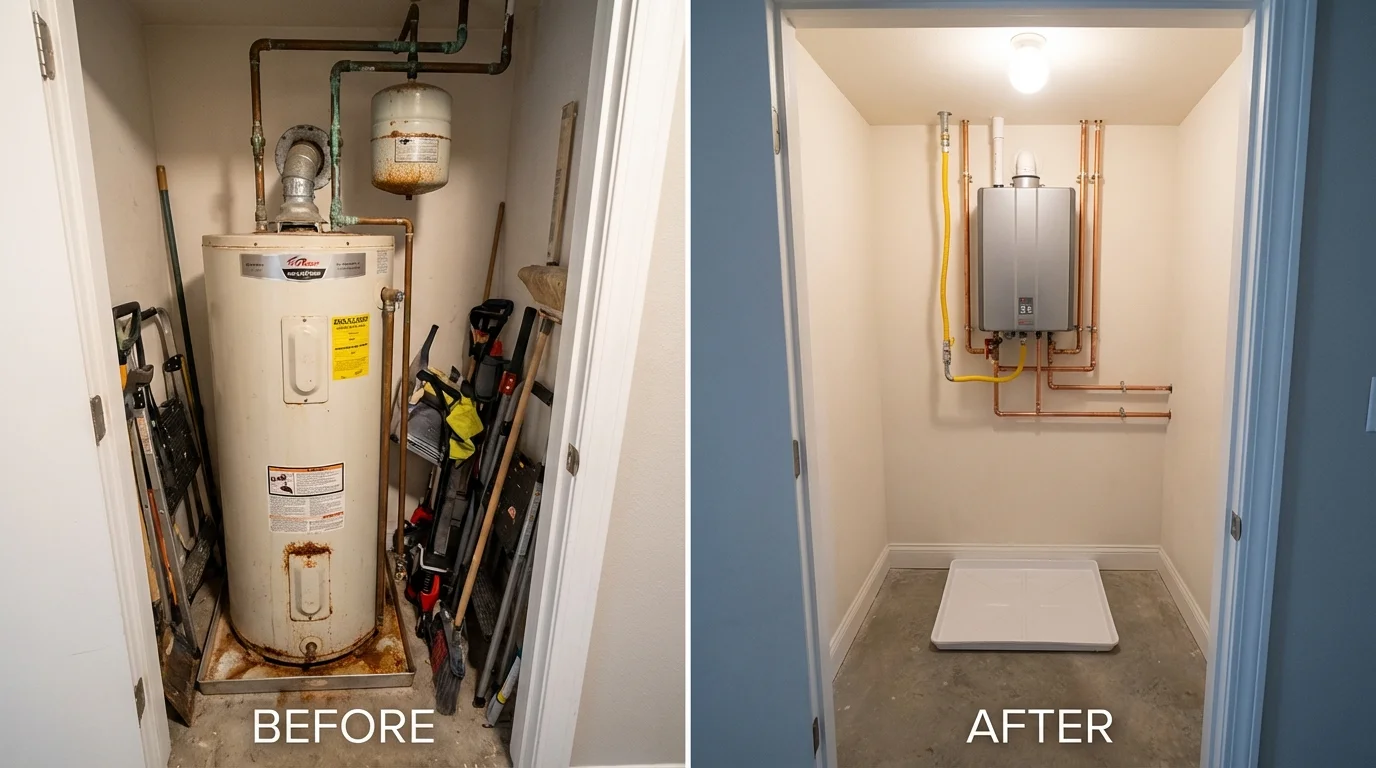 Tank water heater versus wall-mounted tankless unit comparison for Sweetser, IN homeowners