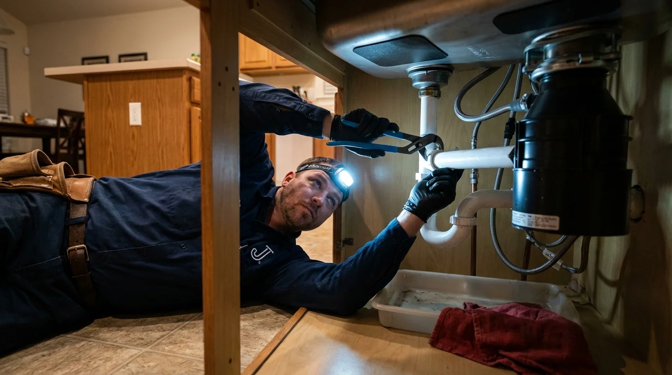 P-trap and supply line connections under a kitchen sink showing a common leak point in Sweetser, IN
